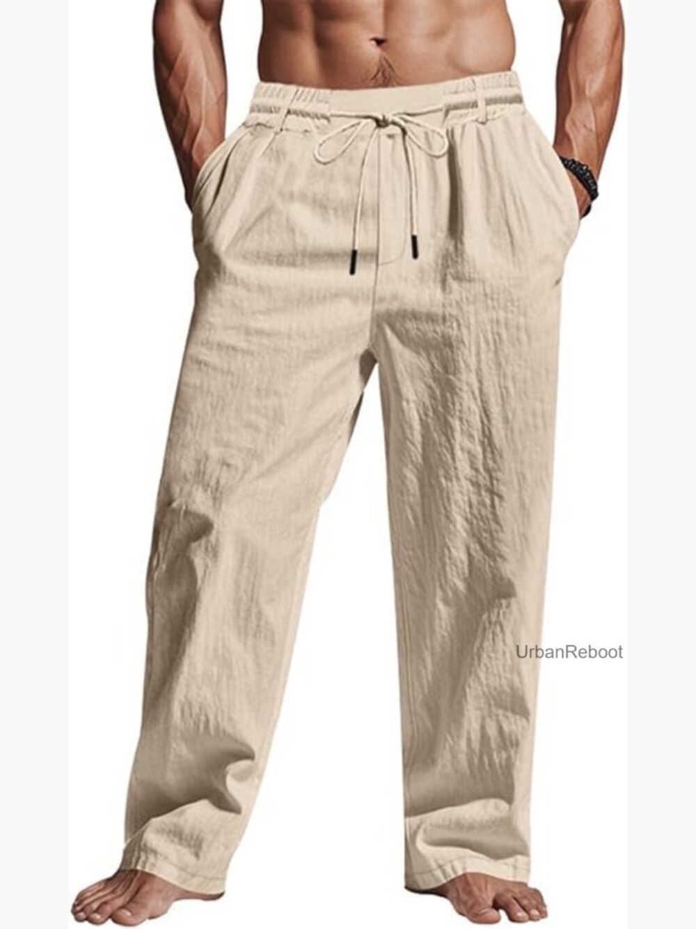 Linen Drawstring Elastic Waist Pants Lightweight Straight Leg Summer Beach Yoga